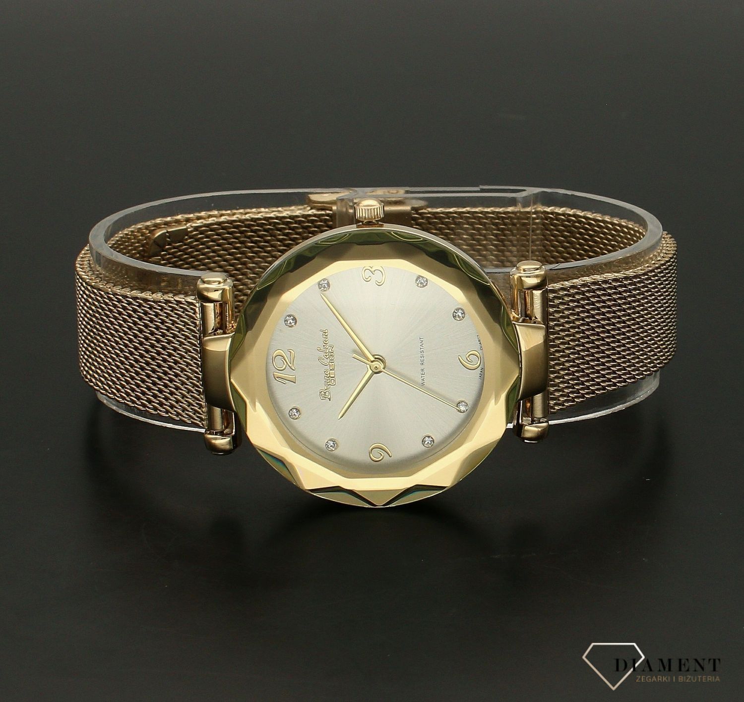 Zegarek damski na złotej bransolecie biżuteryjnej Bruno Calvani z cyrkoniami BC3356 GOLD. Mechanizm japoński mieści się w okrągłej, pozłacanej, wytrzymałej kopercie pokrytej złotem. Koperta wykonana z ALLOY’u, czyli bardzo  .jpg